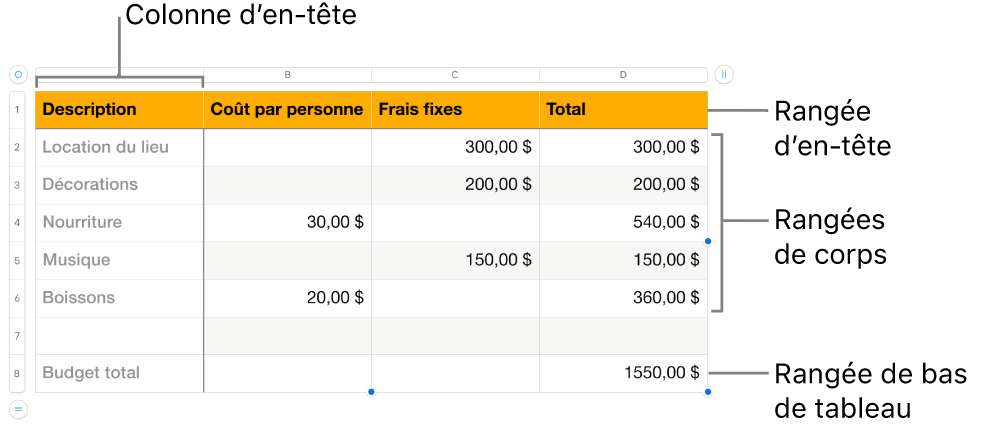Tableau affichant des rangées et des colonnes d’en-tête, de corps et de bas de tableau.
