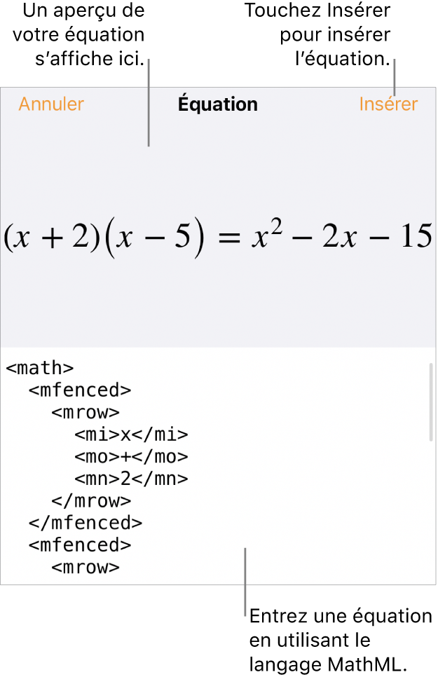 Zone de dialogue Équation, affichant une équation composée à l’aide des commandes MathML et aperçu de la formule au-dessus.