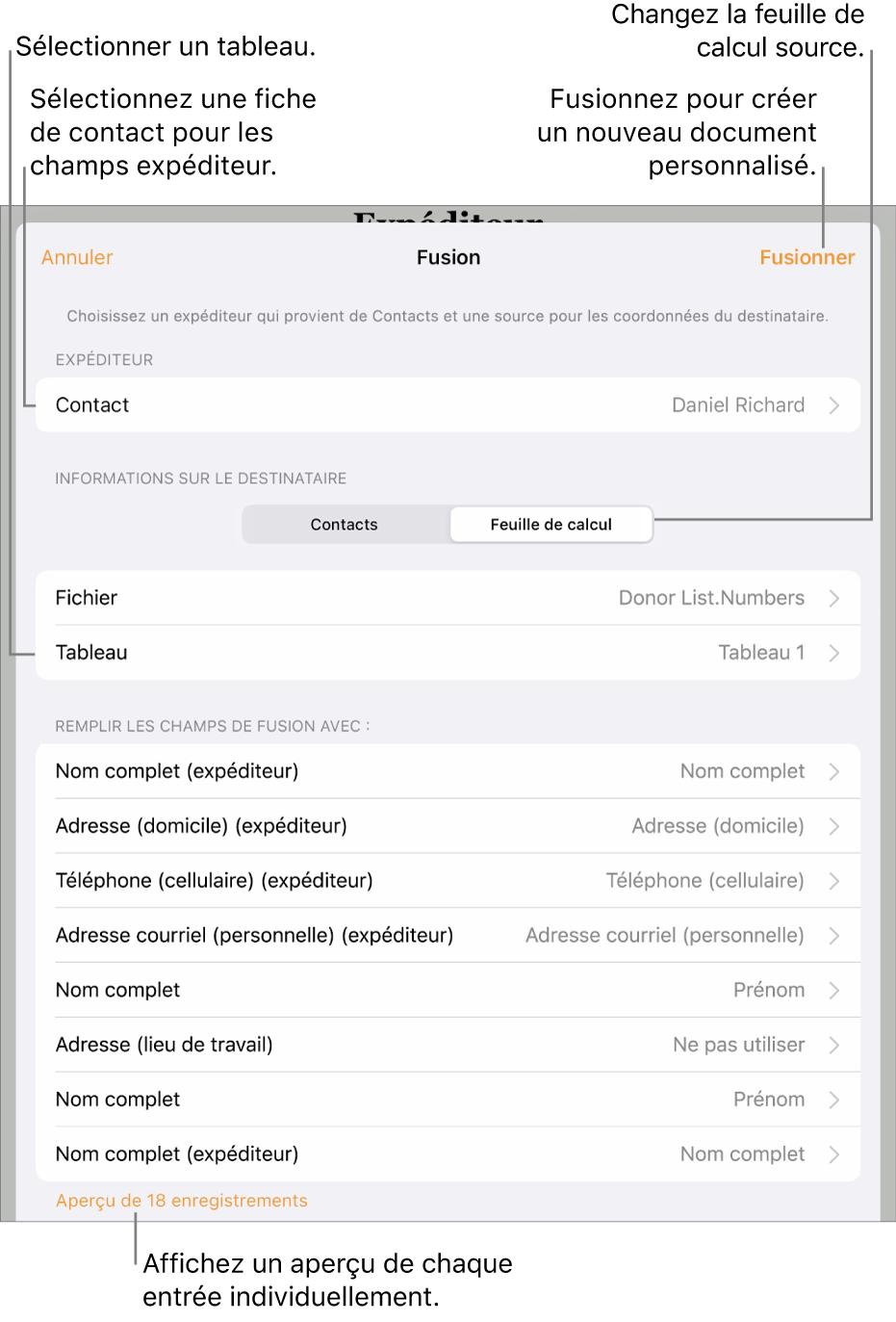Onglet Fusion ouvert, avec options de sélectionner les informations de l’expéditeur, de modifier le fichier ou le tableau source, d’obtenir un aperçu des noms de champs de fusion ou des registres individuels, ou de fusionner le document.