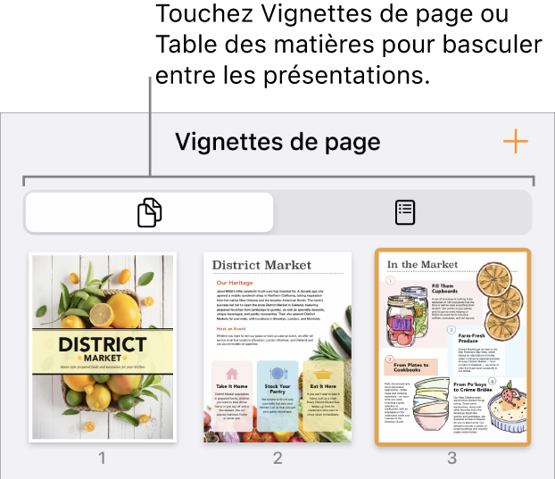 Présentation en vignettes de page avec la vignette de chaque page. Les boutons Vignettes de page et Table des matières se trouvent au bas de l’écran.
