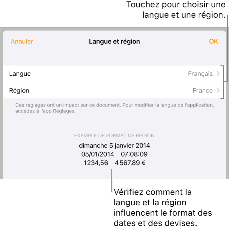 Sous-fenêtre Langue et région avec les commandes pour la langue et la région, et un exemple du format qui comprend la date, l’heure, les décimales et la devise.