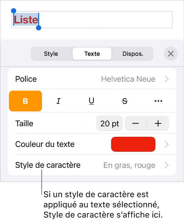 Commandes de mise en forme du texte avec Style de caractère sous les commandes de couleur. Style de caractère Aucun affiché avec un astérisque.