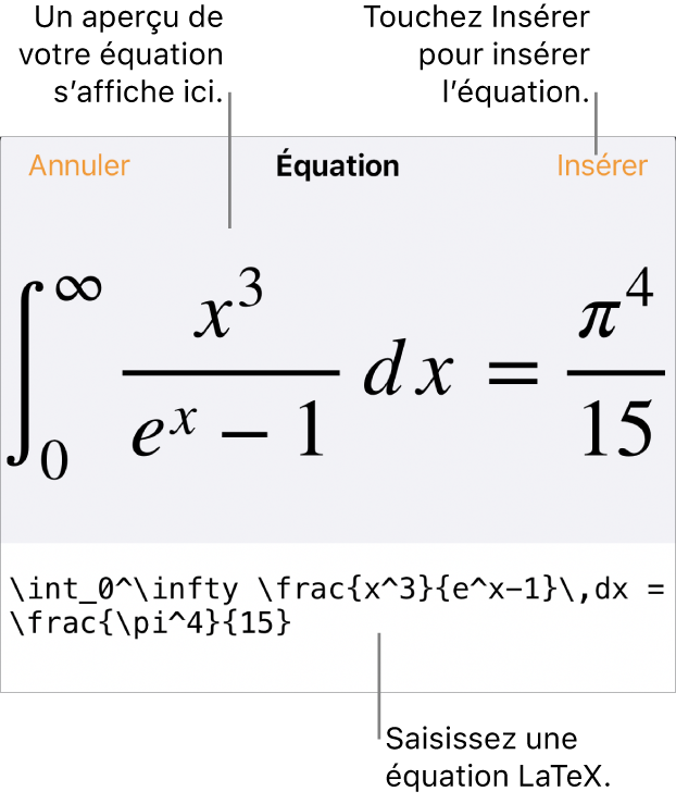 Zone de dialogue Équation, affichant une équation composée à l’aide des commandes LaTeX, et un aperçu de la formule au-dessus.
