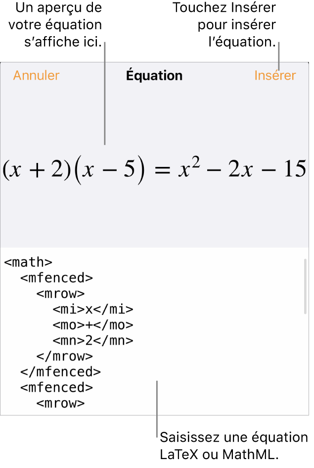 Zone de dialogue Équation, affichant une équation composée à l’aide des commandes MathML, et un aperçu de la formule au-dessus.
