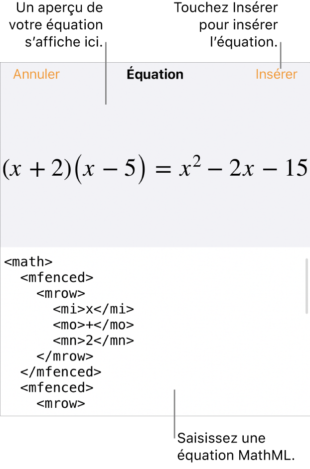 Zone de dialogue Équation, affichant une équation composée à l’aide des commandes MathML, et un aperçu de la formule au-dessus.