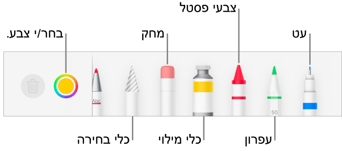 סרגל הכלים של ציור ב-Pages ל-iPhone עם עט, עיפרון, צבעי פנדה, כלי מילוי, מחק, כלי בחירה ומאגר צבעים המציג את הצבע הנוכחי.
