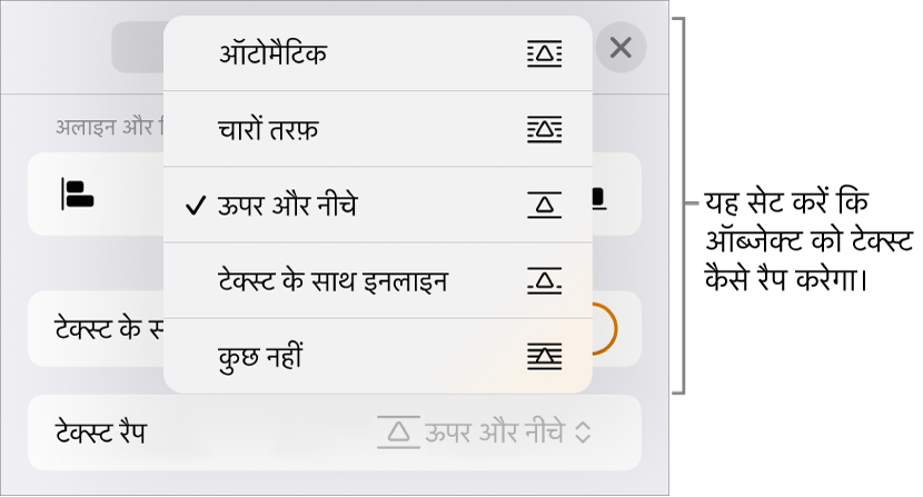 “ऑटोमैटिक”, “चारों ओर”, “ऊपर और नीचे”, “टेक्स्ट के साथ इनलाइन करें” तथा “कोई नहीं” के लिए सेटिंग्ज़ के साथ “टेक्स्ट रैप” नियंत्रण।