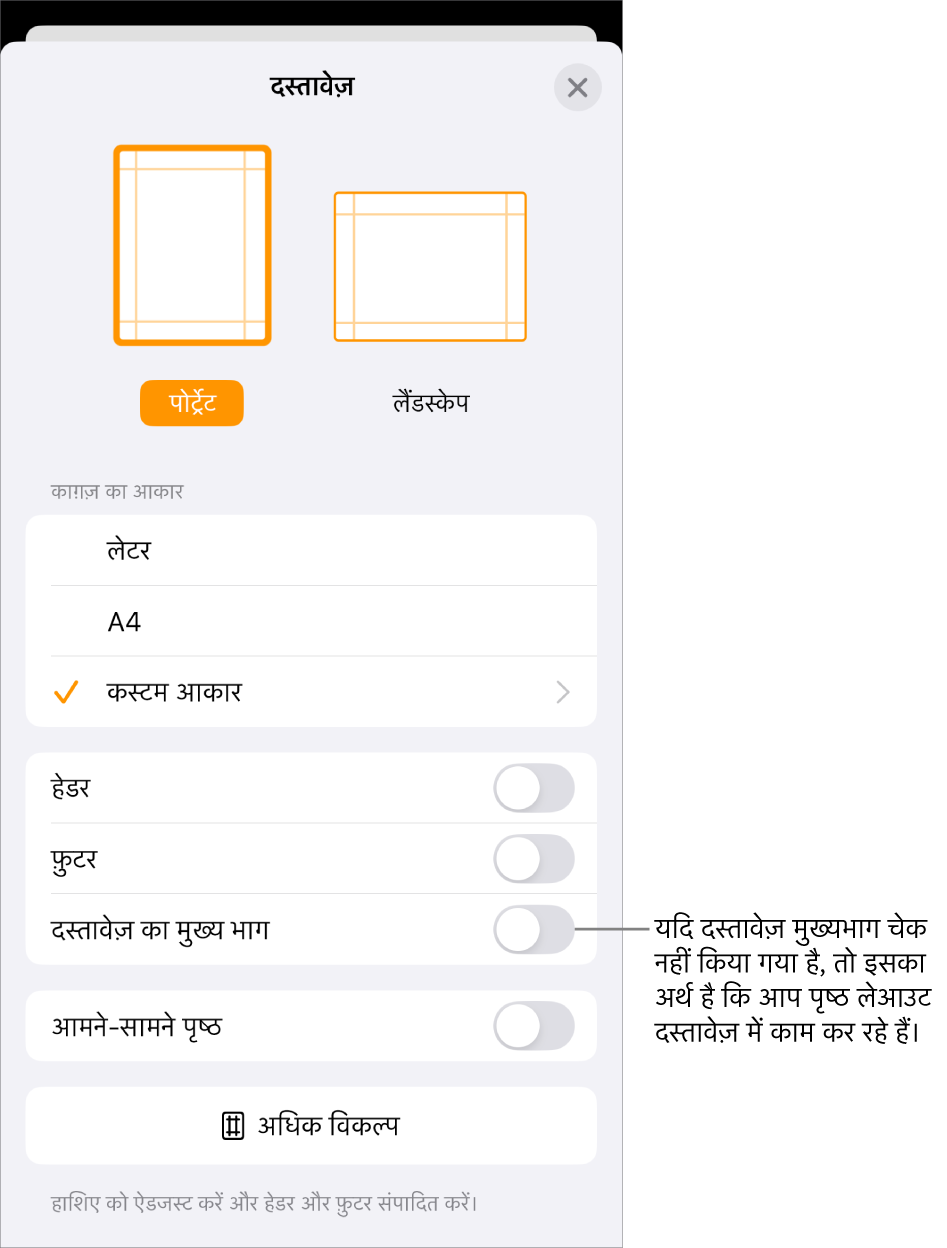 पृष्ठ लेआउट दस्तावेज़ में दस्तावेज़ मुख्यभाग अचयनित होने के साथ दस्तावेज़ सेटअप खुला है।