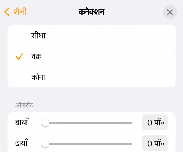 चुने गए वक्र के साथ कनेक्शन नियंत्रण।