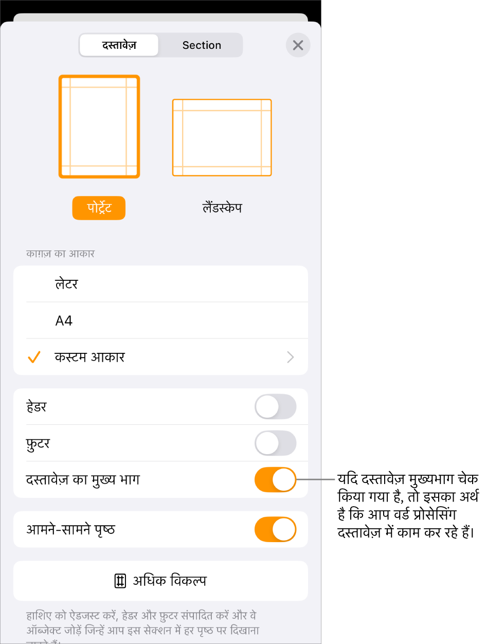 वर्ड-प्रोसेसिंग दस्तावेज़ में दस्तावेज़ मुख्यभाग चयनित होने के साथ दस्तावेज़ सेटअप खुला है।
