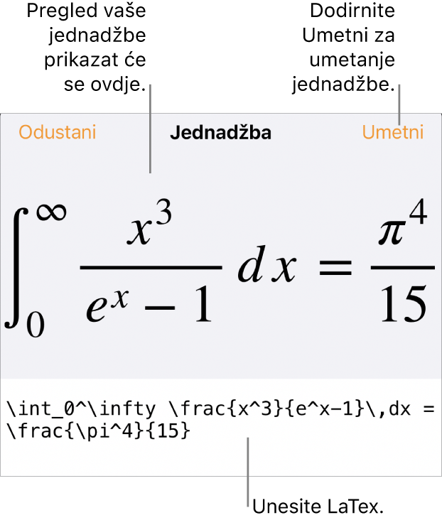 Dijaloški okvir Jednadžba koji prikazuje jednadžbu napisanu korištenjem LaTeX naredbi i prikaz gornje formule.