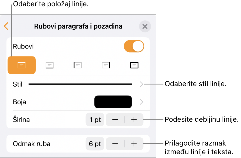 Kontrole za promjenu stila, debljine, položaja i boje linije.