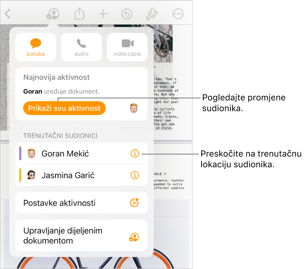 Izbornik suradnje s trenutačnim sudionicima na popisu.