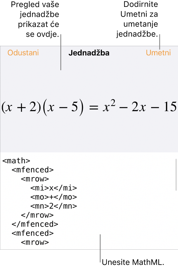 Dijaloški okvir Jednadžba koji prikazuje jednadžbu napisanu korištenjem MathML naredbi i prikaz gornje formule.