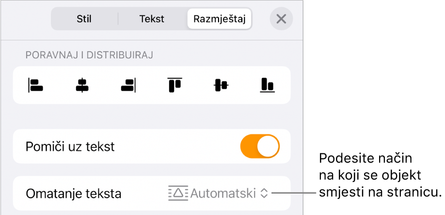 Kontrole Razmjesti s Pomiči uz tekst i Omatanje teksta.