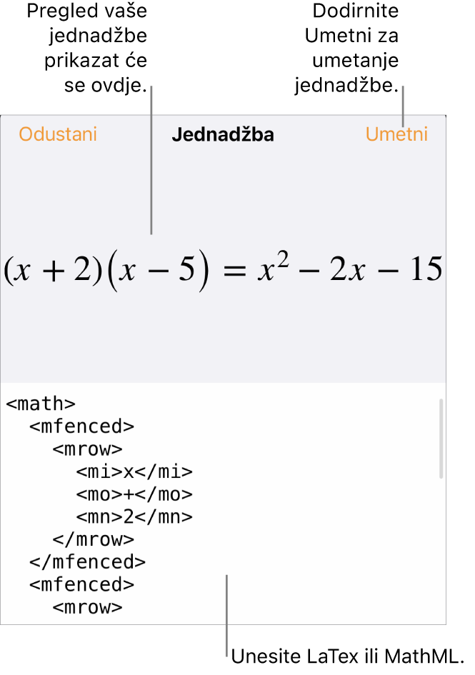 Dijaloški okvir Jednadžba koji prikazuje jednadžbu napisanu korištenjem MathML naredbi i prikaz gornje formule.
