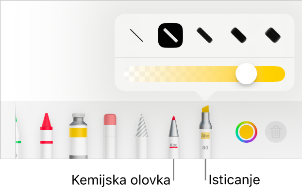 Izbornik s alatom Pametne zabilješke s tipkama za kemijsku ili marker, opcijama za širinu linija te kliznikom za neprozirnost.