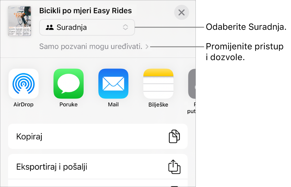 Izbornik dijeljenja s opcijom Suradnja odabran na vrhu i postavke pristupa i dozvola ispod.