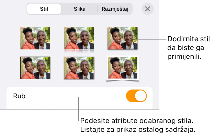 Prozor Stil tipke Formatiraj sa stilovima objekta na vrhu i kontrola ispod njih za promjenu ruba.
