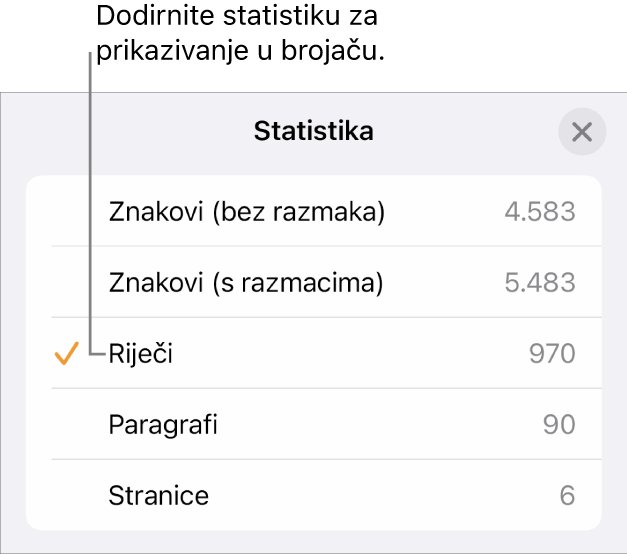 Izbornik Statistički podaci prikazuje opcije za prikaz broja znakova bez razmaka i s razmacima, broj riječi, broj paragrafa i broj stranica.