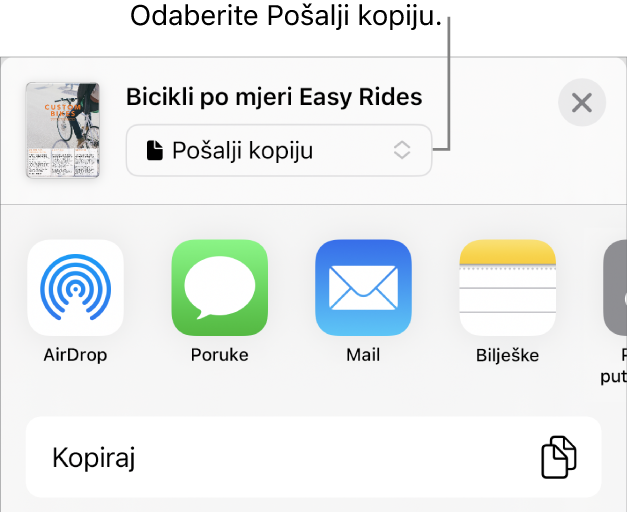 Izbornik dijeljenja s odabranom opcijom Pošalji kopiju pri vrhu.