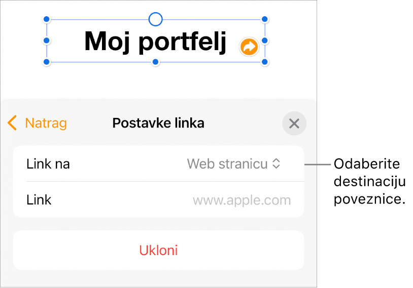 Kontrole Postavke linka s odabranom opcijom Web stranica, tipka Ukloni nalazi se na dnu.