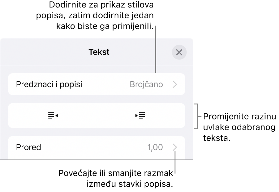 Odjeljak Predznaci i popisi kontrola formatiranja s oblačićima na Predznake i popise, tipke za izvlake i uvlake i kontrole razmaka između redaka.