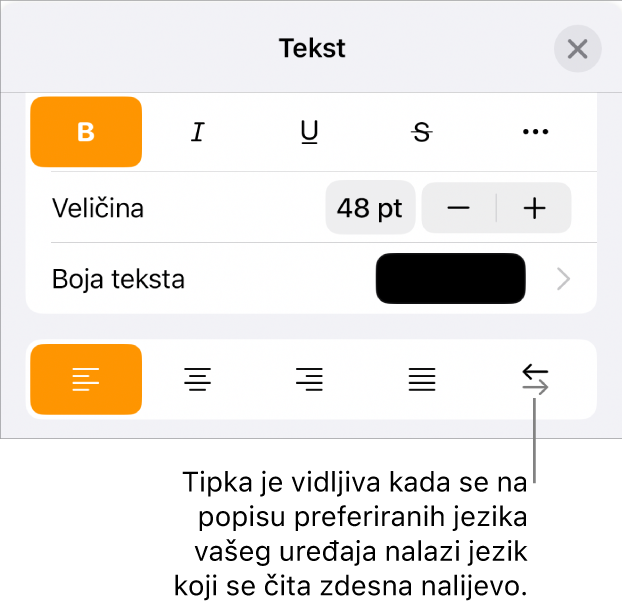 Kontrole teksta na izborniku Formatiraj s oblačićem koji pokazuje na tipku S desna na lijevo.