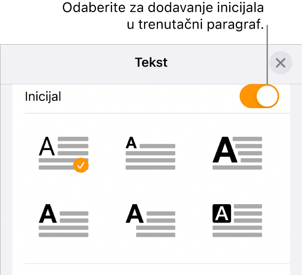Kontrole opcija Inicijal koje se nalaze u izborniku Tekst.