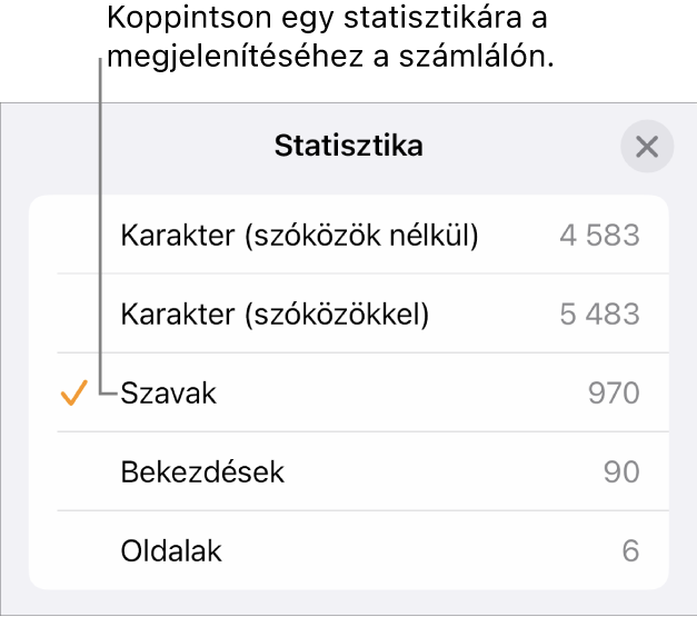A Statisztika menü, amelyben a karakterek száma (szóközökkel és anélkül), a szószám, a bekezdések száma és az oldalak száma megjelenítésének beállításai láthatók.