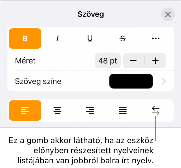 A Formátum menü szövegvezérlői a Jobb vagy a Bal gombra mutató ábrafeliratokkal.