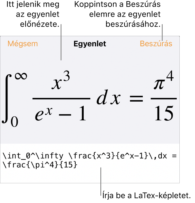 Az Egyenlet párbeszédpanel, amelyen egy, a LaTex-parancsok használatával írt egyenlet, felül pedig az egyenlet előnézete látható.