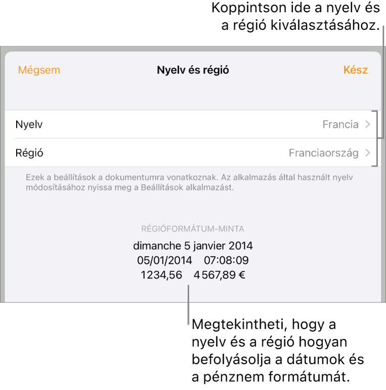 A Nyelv és régió panel a nyelv és régió vezérlőivel és egy formátum példával (ide értve: dátum, idő, tizedes és valuta).