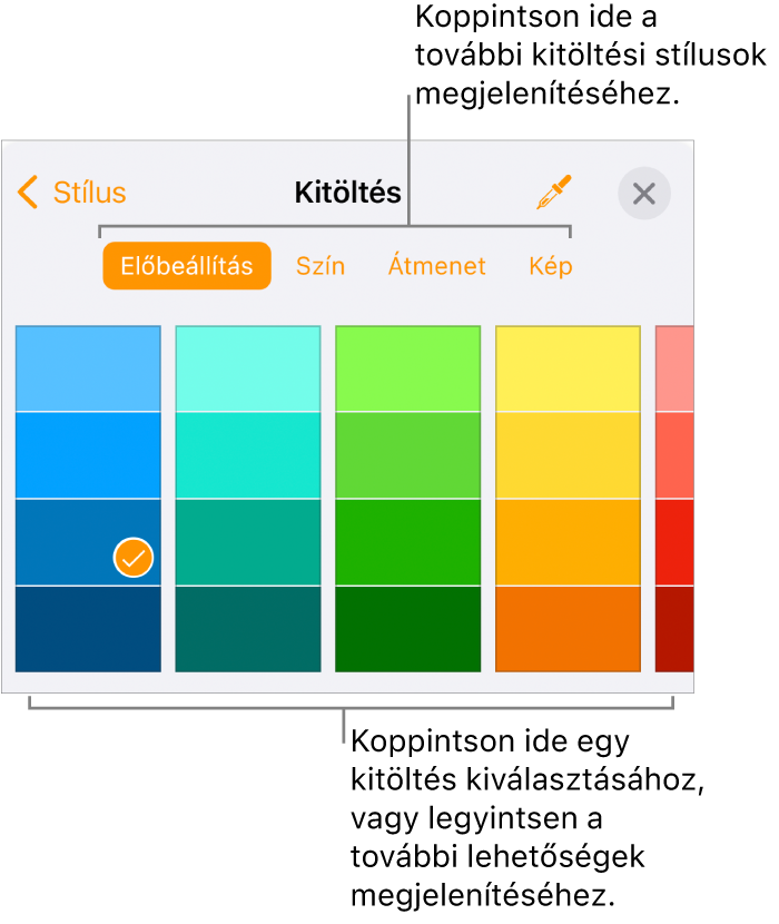 Kitöltési beállítások a Formátum gombbal elérhető Stílus lapon.