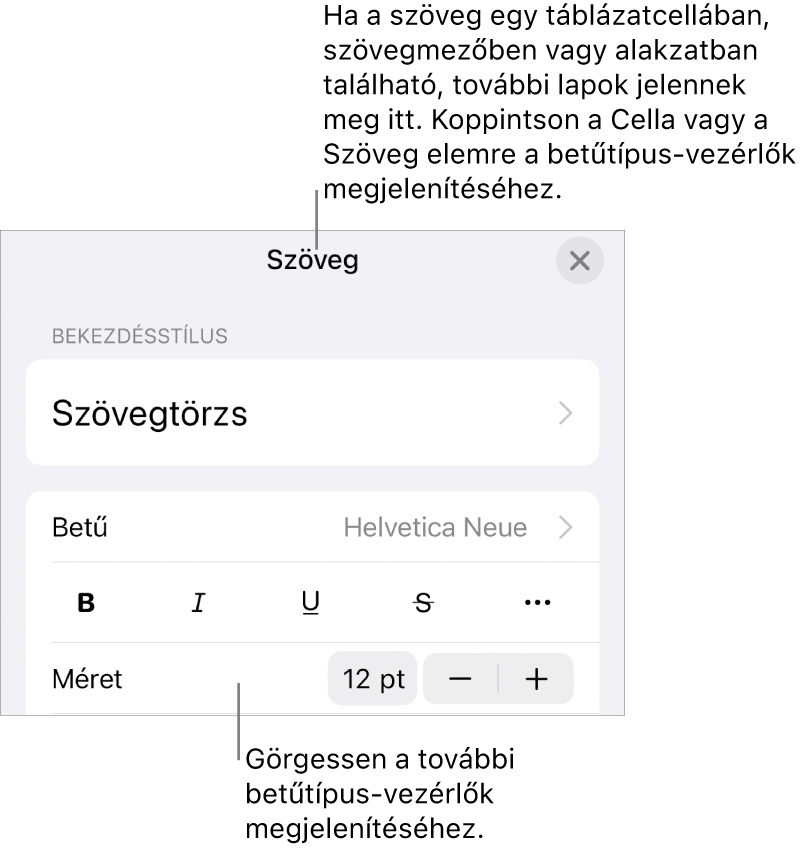 A Formátum menü szövegvezérlői a bekezdés és a karakterek stílusának, betűtípusának, méretének és színének beállításához.