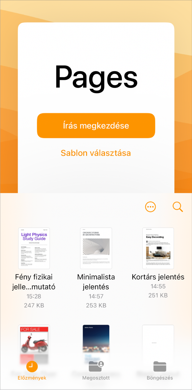 A Pages üdvözlő képernyője az Írás megkezdése és a Sablon választása gombokkal felül, és a legutóbbi dokumentumokkal alul.