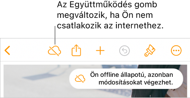 A képernyő tetején található gombok, ahol az Együttműködés gomb egy átlósan áthúzott felhőre módosul. Figyelmeztetés a képernyőn: „Offline módban van, de folytathatja a szerkesztést”.