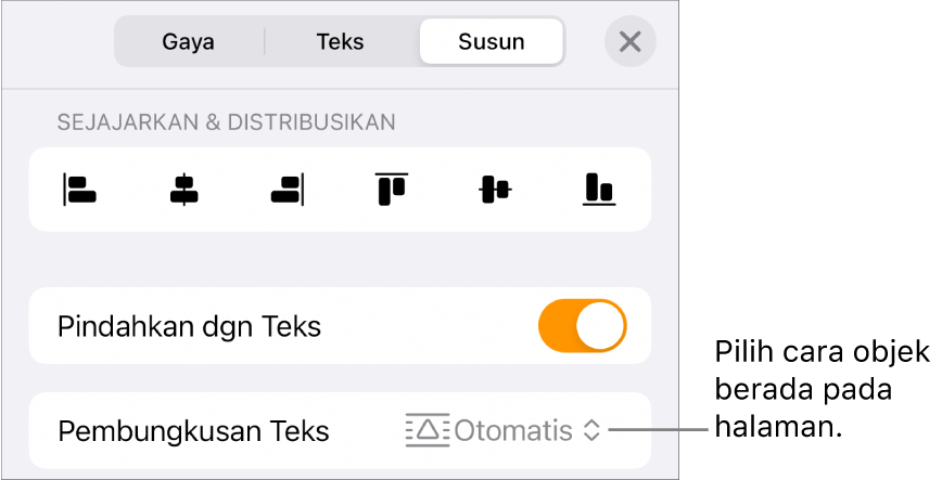 Kontrol Susun dengan Pindahkan dengan Teks dan Pembungkusan Teks.