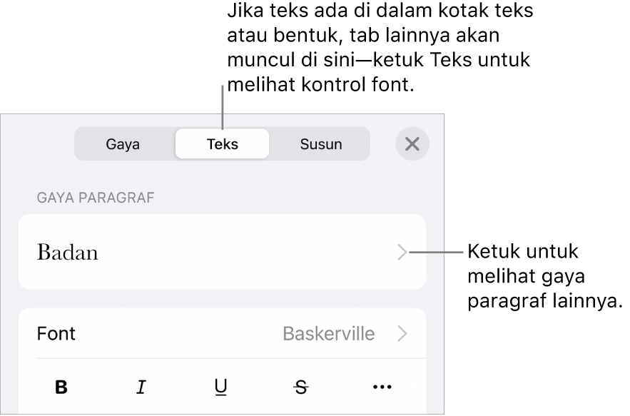 Menu Format menampilkan kontrol teks untuk mengatur paragraf dan gaya karakter, font, ukuran, dan warna.
