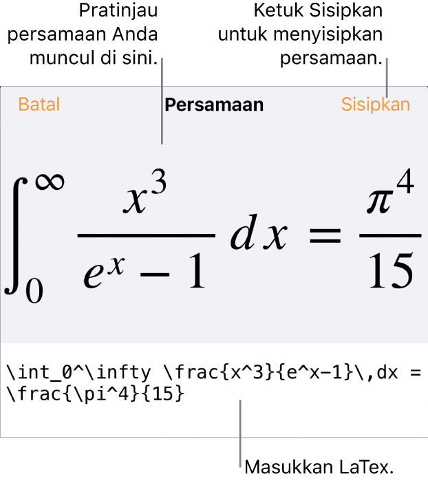Dialog Persamaan, menampilkan sebuah persamaan ditulis menggunakan perintah LaTex, dan pratinjau formula di atas.