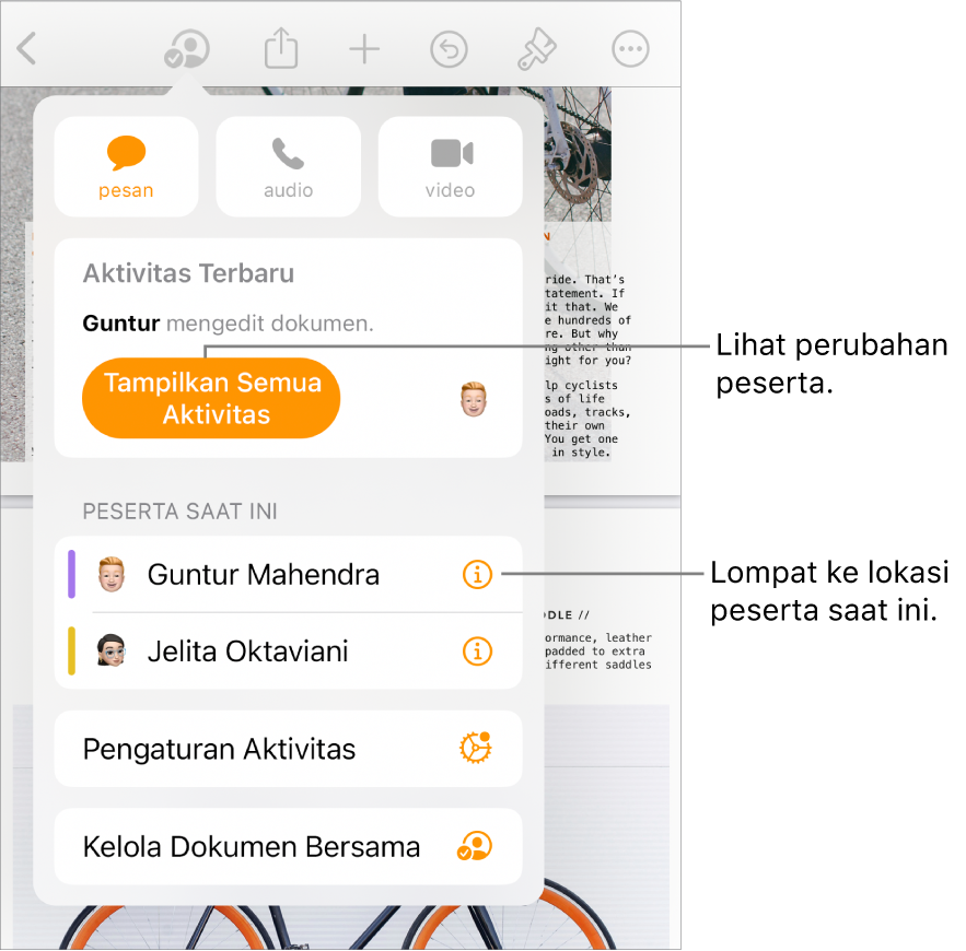 Menu kolaborasi dengan peserta saat ini terdaftar.