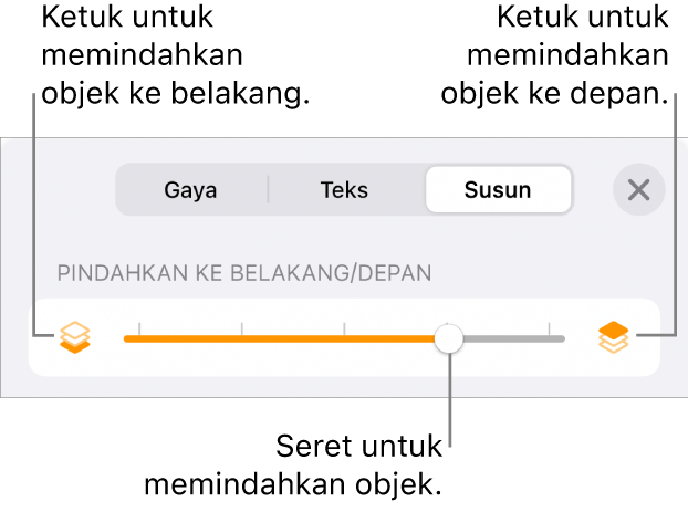 Tombol Pindahkan ke Belakang, tombol Pindahkan ke Depan, dan penggeser lapisan.