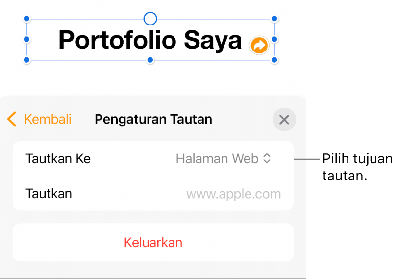 Kontrol Pengaturan Tautan dengan Halaman Web dipilih, dan tombol Hapus di bagian bawah.