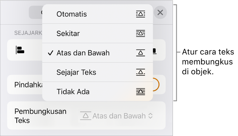 Kontrol Tes Pembungkusan dengan pengaturan untuk Otomatis, Sekeliling, Atas, dan Bawah, Segaris dengan Teks, dan Tidak Ada.