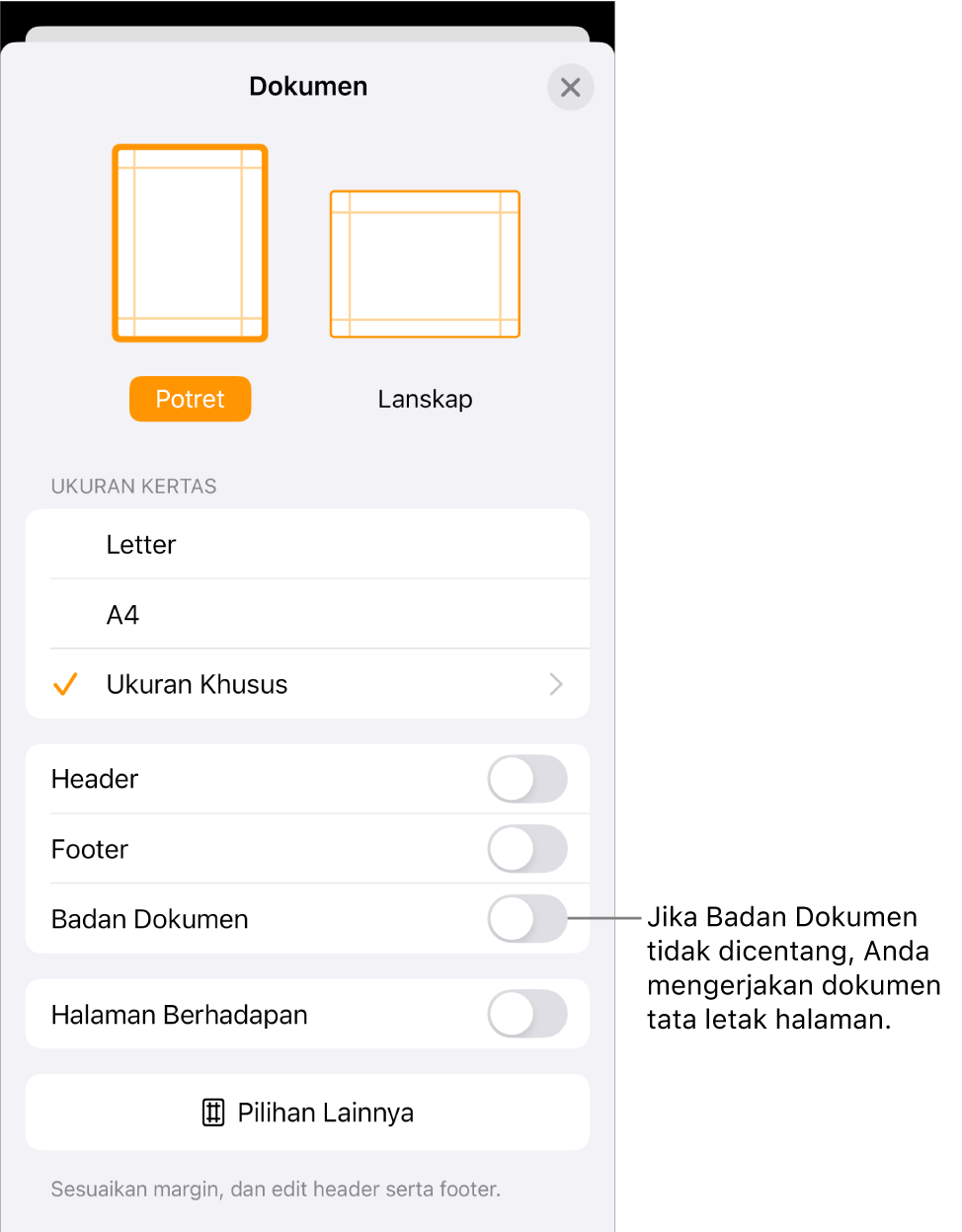 Pengaturan Dokumen terbuka dengan Badan Dokumen tidak dicentang di dokumen tata letak halaman.