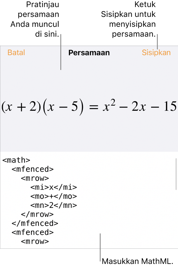 Dialog Persamaan, menampilkan sebuah persamaan ditulis menggunakan perintah MathML, dan pratinjau formula di atas.