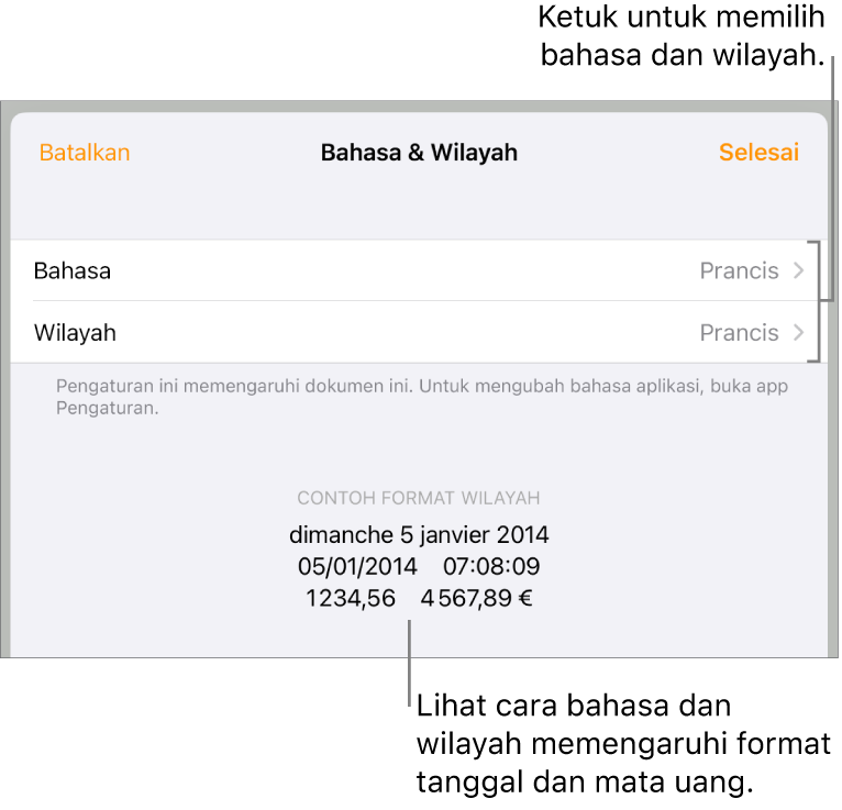 Panel Bahasa dan Wilayah dengan kontrol untuk bahasa dan wilayah, serta contoh format termasuk tanggal, waktu, desimal, dan mata uang.