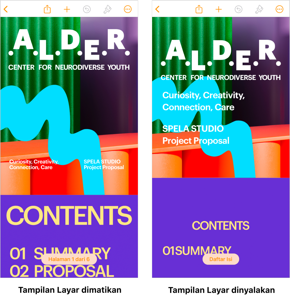Dua tampilan dokumen Pages yang sama, satu dengan Tampilan Layar dinyalakan dan satu dengan Tampilan Layar dimatikan. Di versi dengan Tampilan Layar dinyalakan, ukuran teks disesuaikan dengan tampilan dan jeda halaman serta header disembunyikan.