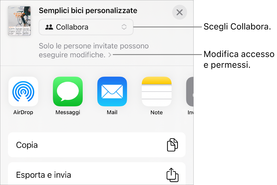 Il menu di condivisone con l’opzione Collabora selezionata in alto e le impostazioni di accesso e dei permessi sotto.