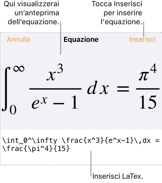 La finestra di dialogo Equazione con l’equazione scritta tramite comandi LaTeX e un’anteprima della formula di cui sopra.